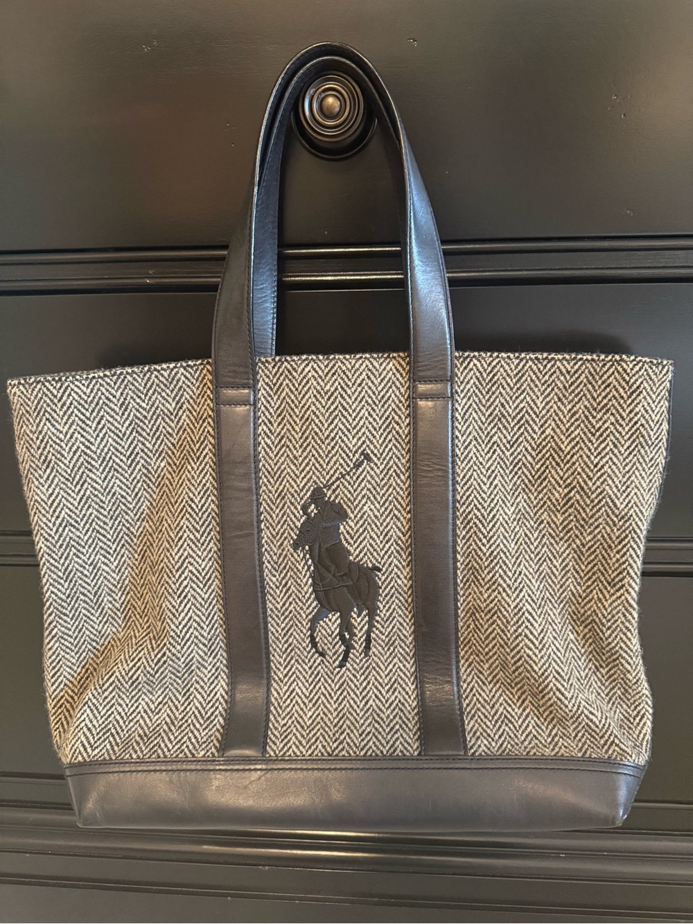 Polo Ralph Lauren Medium Bellport Big Pony Tote – 100% Wool Herringbone Tweed